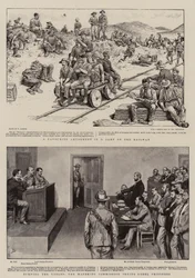Un amusement favori dans un camp sur le chemin de fer, renverser les tables, la commission de Mafeking jugeant des prisonniers rebelles